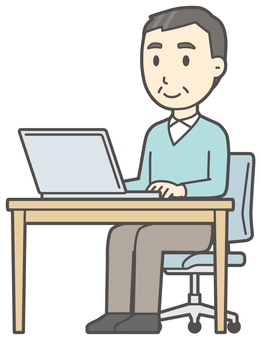  ニット中年男性-060-全身 パソコン,笑顔,おじさん,男性,中年,お父さん,パパ,シニア,ミドルエイジ,人物のイラスト素材