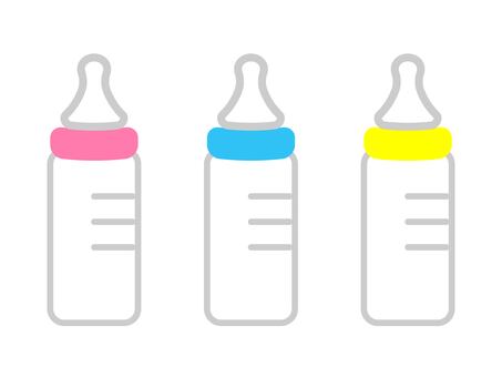 哺乳瓶1 哺乳瓶,瓶,プラスチック,耐熱ガラス,赤ちゃん素材,ベイビー素材,ピンク,水色,黄色,セットのイラスト素材