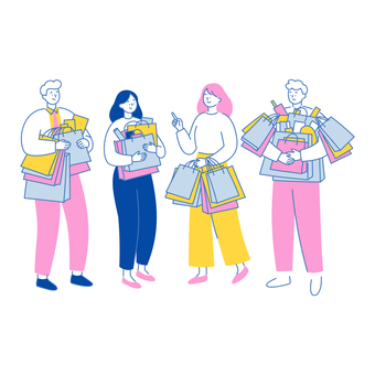 買い物袋を持った男女ビジネスチーム 買い物袋を持った男女ビジネスチーム 人物,男性,女性,買い物,袋,笑顔,グループ,会話,荷物,仲間のイラスト素材