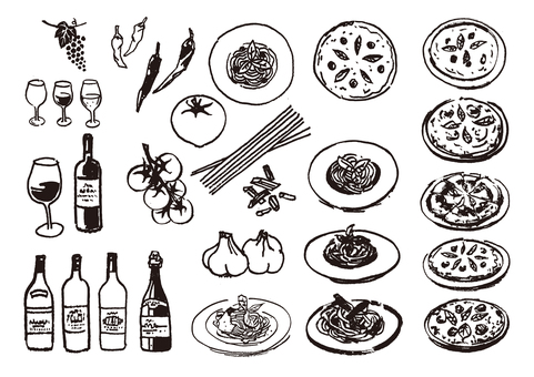 イタリアン墨絵1 イタリアン,料理,パスタ,スパゲッティ,ピザ,ピッツァ,ワイン,ワインボトル,赤ワイン,白ワインのイラスト素材