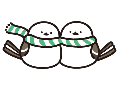 緑しましまのマフラーをしたシマエナガ2羽 シマエナガ,鳥,動物,生き物,夫婦,カップル,友達,家族,縞模様,ストライプのイラスト素材