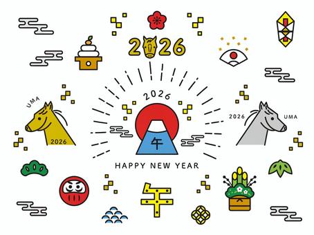 2026年午年の年賀状　富士山と馬 年賀状,2026,午年,馬,富士山,初日の出,午,線画,正月,門松のイラスト素材