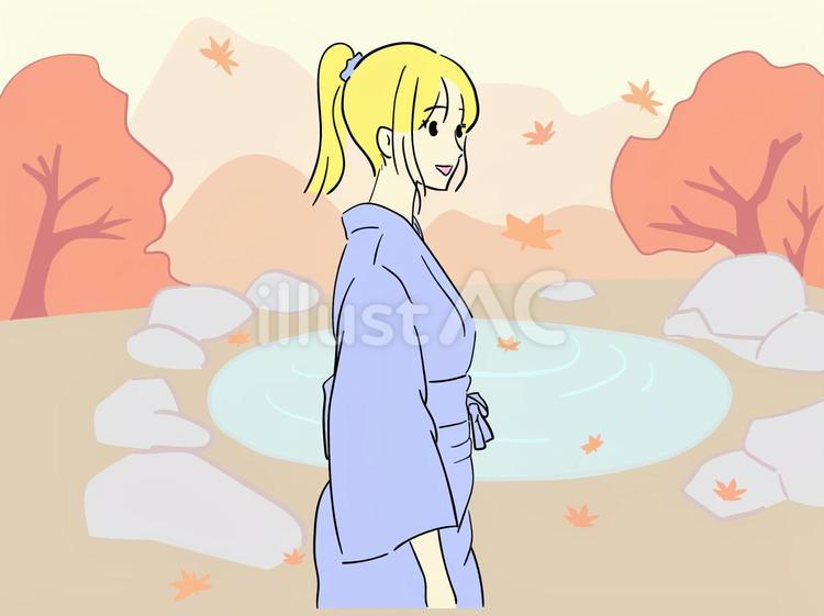 秋っぽい背景と浴衣の女性 温泉,秋,紅葉のイラスト素材