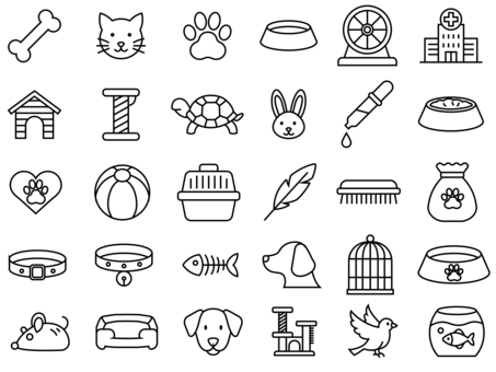 ペットの飼育に関するアイコンコレクション アイコン,ペット,動物,飼育,骨,猫,足跡,餌皿,ファン,病院のイラスト素材