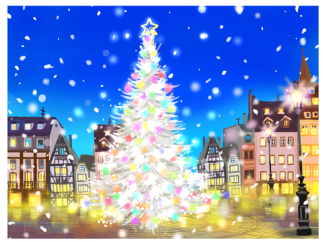 クリスマス街並み クリスマス,街並み,雪,夜,夜空,イルミネーション,街灯,12月,手書き,水彩のイラスト素材