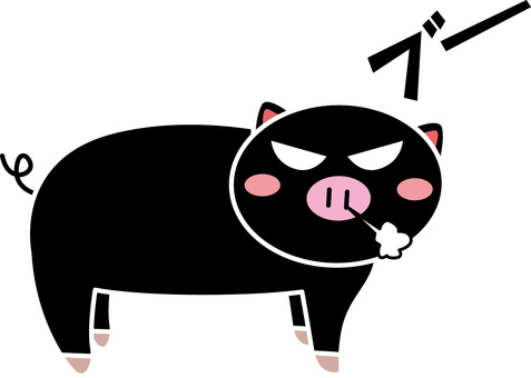 黒豚怒る　 黒豚,怒る,機嫌,表情,家畜,動物,かわいい,食材,デフォルメ,線画のイラスト素材