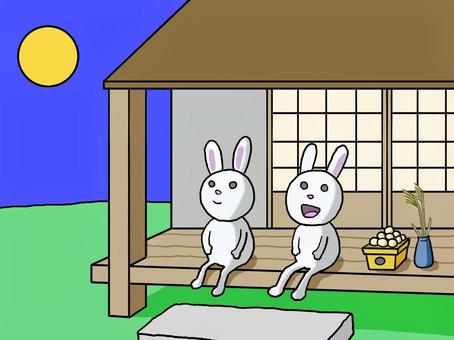 お月見うさぎ お月見,十五夜,中秋の名月,お供え,団子,ススキ,縁側,満月,うさぎ,秋のイラスト素材