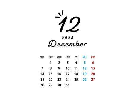 2026年12月のお洒落なカレンダー カレンダー,12月,2026,月間,シンプル,月別,冬,年末,クリスマス,大晦日のイラスト素材