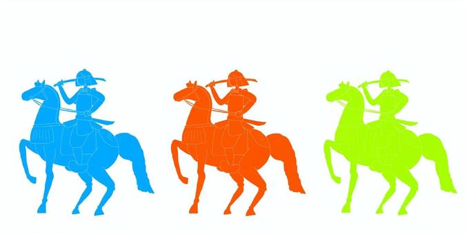 騎馬武者のシルエット3色 シルエット,影,騎馬武者,鎧武者,騎兵,武士,侍,戦士,兵士,日本文化のイラスト素材