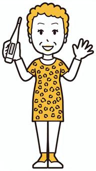  大阪のおばちゃん(黄)-187-全身 体温計,おばちゃん,大阪,ヒョウ柄,おばはん,中年,女性,関西,派手,おばさんのイラスト素材