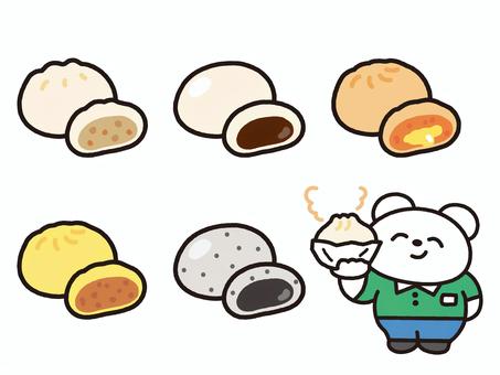 コンビニ中華まんと白くま店長セット コンビニ中華まんと白くま店長セット 白くま,クマ,動物,中華まん,肉まん,あんまん,ピザまん,カレーまん,ゴマ,点心のイラスト素材