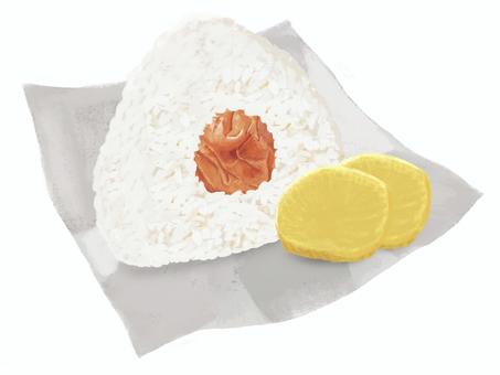 Rice balls and takuan (dried plums, with wrapping paper), bola de arroz, omusubi, ciruela seca, JPG and PNG