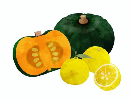 カボチャと柚子 柚子,冬至,カボチャ,野菜,フルーツ,水彩,イラスト,手描き,手書き,素材のイラスト素材