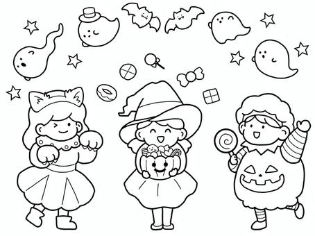 ハロウィン　子供３人　塗り絵 ハロウィン,塗り絵,白黒,モノクロ,ハッピーハロウィン,トリックオアトリート,子供,仮装,コスプレ,魔法使いのイラスト素材