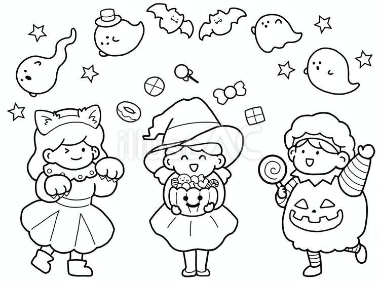 ハロウィン　子供３人　塗り絵 ハロウィン,塗り絵,白黒のイラスト素材