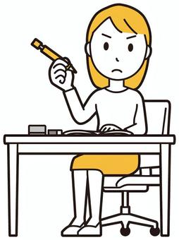  ロングヘア女性(黄)-163-全身 勉強,女性,女の子,人物,かわいい,机,学ぶ,スクール,考える,塾のイラスト素材