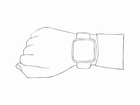 モノクロのスマートウォッチをつけた手元 スマートウォッチ,手元,時計,腕時計,左手,手描き,白黒のイラスト素材
