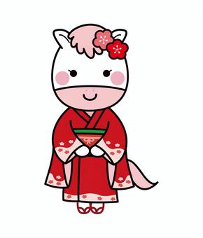 午年　振袖姿の馬 午年,馬,干支,2026年,令和8年,着物,雌,女性,振袖,年賀状のイラスト素材