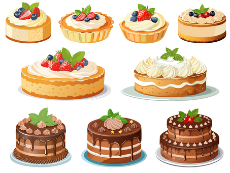 ケーキセット ケーキ,ショートケーキ,クリーム,チョコレートケーキ,タルト,カップケーキ,フルーツ,イチゴ,ブルーベリー,スポンジのイラスト素材