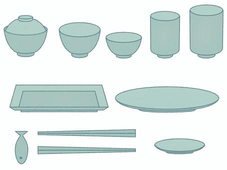 手描き風　和風　食器　 食器,和食器,茶碗,皿,箸,箸置き,湯呑み,湯呑み茶碗,手描き風,手描きのイラスト素材