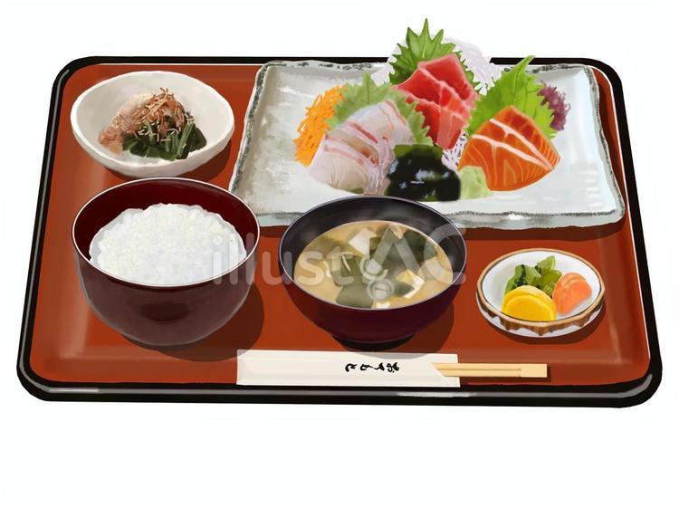 刺身の盛り合わせ定食（お盆付き朱色） 刺身,お刺身,活け造りのイラスト素材