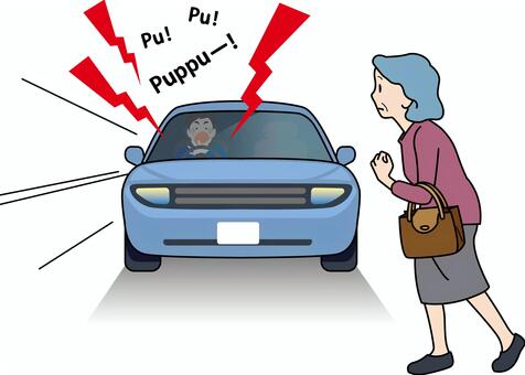 クラクションが聞こえていない高齢者 シニア,高齢者,老人性難聴,聞こえない,クラクション,車,危険,飛び出しのイラスト素材