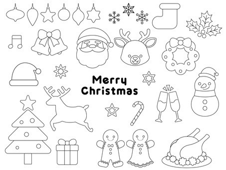 クリスマスセット/線画 線画,シンプル,サンタ,ツリー,クリスマス,セット,クリスマスツリー,サンタクロース,トナカイ,プレゼントのイラスト素材