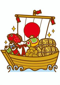 宝船-4c 宝船,船,米俵,大判,小判,打ち出の小槌,鯛,巻物,袋,波のイラスト素材