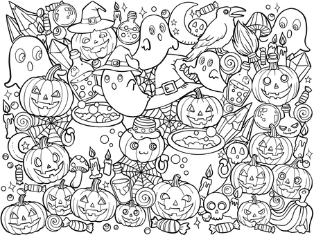 ハロウィン2 ハロウィン,秋,おばけ,かぼちゃ,塗り絵,線画,大人向け,キャンディ,ビン,ファンタジーのイラスト素材