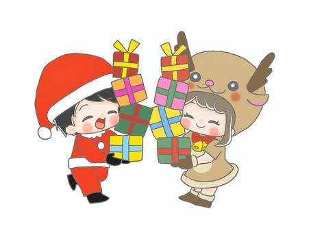プレゼントを運ぶサンタ＆トナカイ５ 手描き,男の子,黒髪,女の子,茶髪,着ぐるみ,トナカイ,衣装,仮装,コスプレのイラスト素材