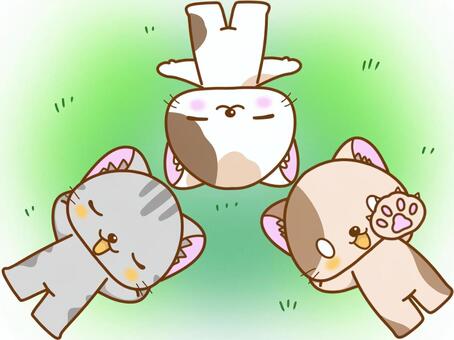 芝生の上でねこが寝転がっています ねこ,動物,芝生,屋外,休憩,昼寝,リラックス,可愛い,イラストのイラスト素材