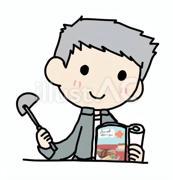 本を見ながら調理するおじいさん 調理,料理,本のイラスト素材