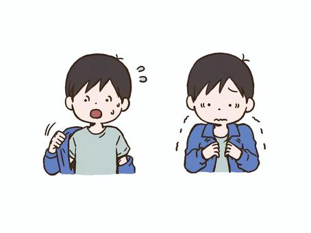 上着で調節する男の子 上着,男の子,挿絵,気温差,温度調節,季節,変わり目,暑い,寒い,学校生活のイラスト素材