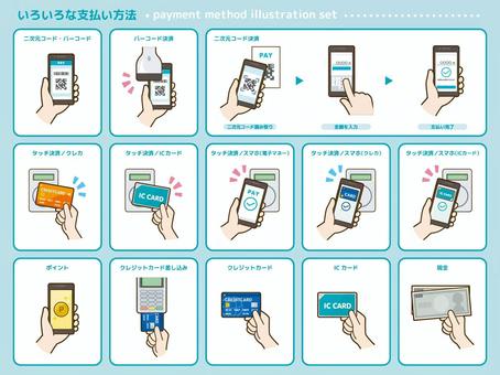 いろいろな支払い方法　イラストセット 支払い,買い物,セット,キャッシュレス,バーコード,スマホ,二次元コード,読み取り,電子マネー,アプリのイラスト素材