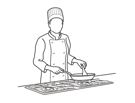 ガステーブルで料理をするシェフのイラスト シェフ,コック,人物,仕事,料理,料理人,料理長,調理,クッキング,グルメのイラスト素材
