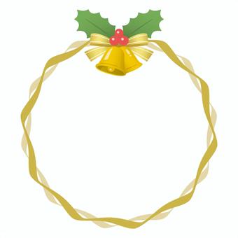 クリスマス飾りリースゴールド クリスマス,フレーム,リース,ゴールド,金,リボン,枠,ベル,柊,ラインのイラスト素材