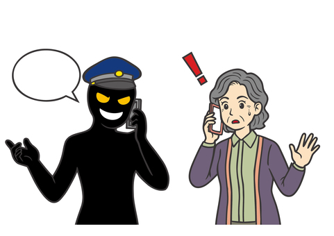なりすまし警官からの電話と高齢者 詐欺,オレオレ詐欺,電話,老人,お年寄り,スマホ,女性,お婆ちゃん,祖母,高齢のイラスト素材