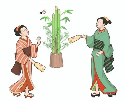 江戸時代　正月女性の遊び 江戸時代,正月,羽根つき,女性,遊び,着物,門松,２人,羽子板,緑のイラスト素材