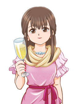 パーティードレスの女性 パーティー,女性,シャンパン,乾杯,お祝い,ドレス,ネックレス,ピンク,パーティードレス,おめかしのイラスト素材