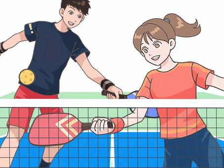 ピックルボールをする若い男女 ピックルボール,スポーツ,プレイ,プレイヤー,コート,ネット,男性,女性,人物,挿絵のイラスト素材