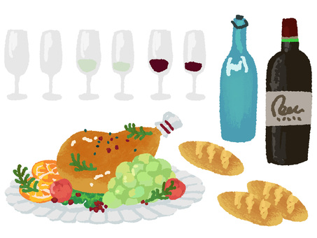 ごちそう（ローストチキン・パン・ワイン） クリスマス,パーティー,洋食,ごちそう,ローストチキン,パン,ワイン,ワイングラスのイラスト素材