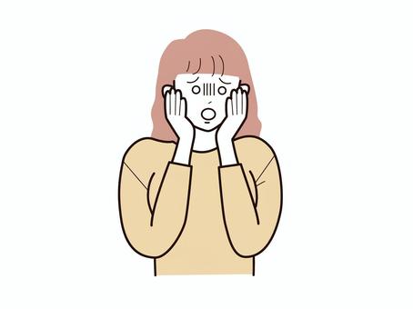 手を頬に当て青ざめる若い女性2／カラー 上半身,長袖,両手,頬,青ざめる,女性,お母さん,ママ,学生,社会人のイラスト素材