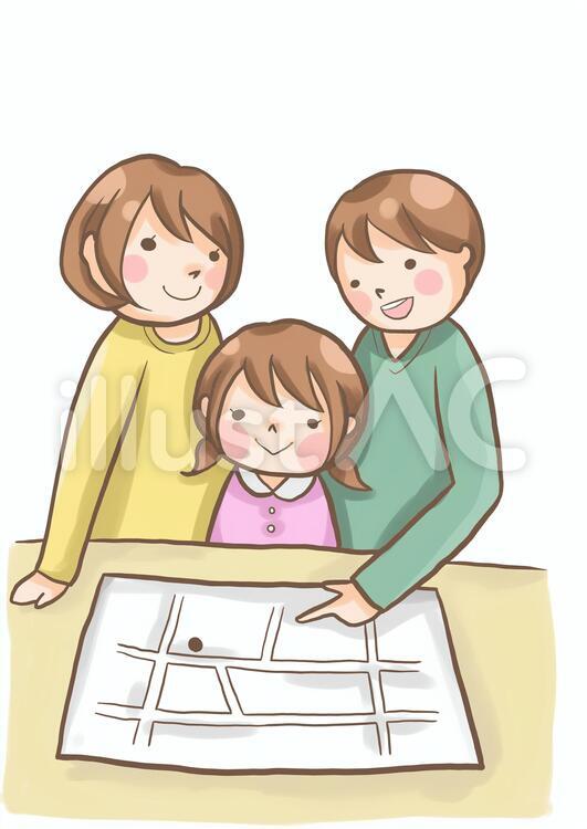 防災マップを確認している家族 防災マップ,避難,場所確認のイラスト素材