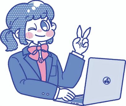 ノートパソコンを使う笑顔の女子学生 学生,パソコン,インターネット,オンライン,デジタル,中学生,高校生,女の子,人物,制服のイラスト素材