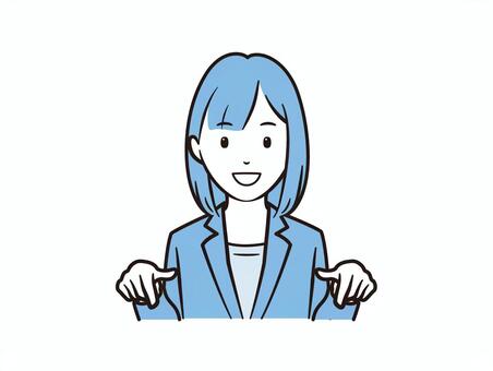 両手で下を指さす笑顔の女性イラスト ビジネス,女性,ol,指差し,下,こちら,これ,下へ,案内,笑顔のイラスト素材