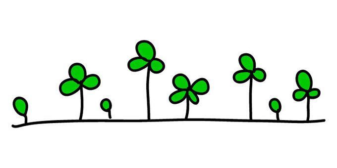 色を塗ったゆるいクローバー クローバー,ゆるい,手描き,フリーハンド,三つ葉,四つ葉,草,植物,雑草,あしらいのイラスト素材