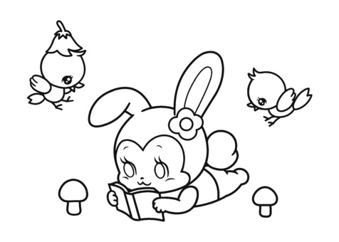 昭和レトロポップ風ウサギ　線画 レトロポップ,ウサギ,小鳥,きのこ,読書,線画,塗り絵,かわいいのイラスト素材