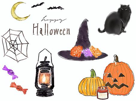 ハロウィン ハロウィン,パンプキン,猫,ランタン,帽子,キャンディー,蜘蛛の巣,コウモリ,月のイラスト素材