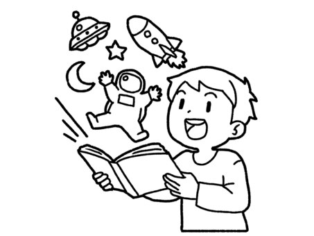 【白黒】宇宙に興味が【線画】 宇宙,宇宙飛行士,未確認飛行物体,少年,本,スペースシャトル,天文学,白黒,線画のイラスト素材
