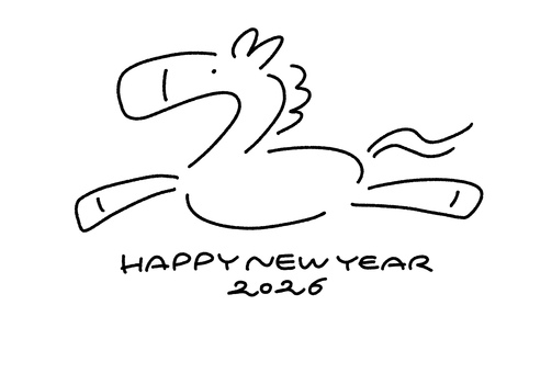 走る馬のシンプルモノクロ年賀状　2026 馬,年賀状,手描き,走る,ウマ,かわいい,うま,挿絵,2026,年賀状テンプレートのイラスト素材